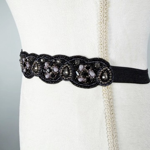 Stunning Special Occasion Statement Waist Belt Black Blue Beaded Stretch Size S main image 4